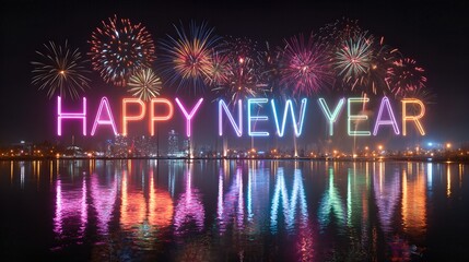 Waterfront New Year Celebration With Colorful Firework Display Generative AI