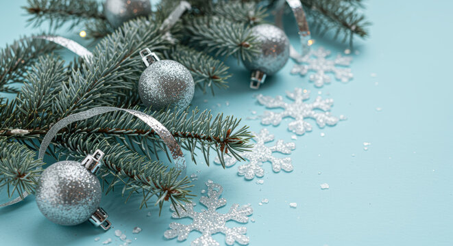 Silver christmas ornaments and glitter snowflakes on pine branches with blue background for festive winter holiday decoration