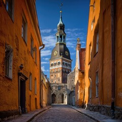 Old cobblestone street leads to a medieval clock tower under blue sky.