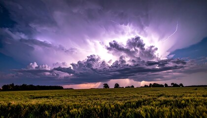 A vibrant landscape with a stormy sky and a wheat field, dramatic lighting
