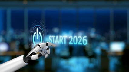 A sleek robotic hand is poised to press a start button, symbolizing new beginnings in a contemporary office environment for the year 2026. Synapse
