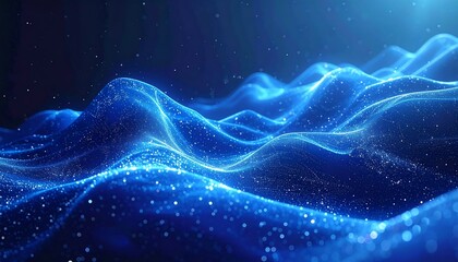Abstract digital landscape of glowing blue waves with small sparkling particles on top in the background