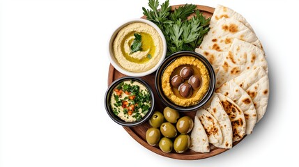 Traditional Indian vegetarian platter with naan bread, chickpea salad, olive and hummus dips, fresh herbs, and assorted cooked vegetables perfect for sha