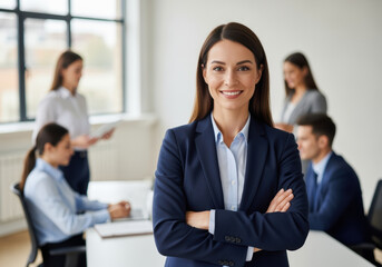Confident businesswoman in formal attire smiling with arms crossed in modern office environment with diverse professional team