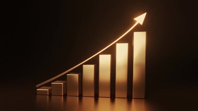 Cinematic golden bar chart animation with rising arrow on dark background, symbolizing business growth, profit, investment and financial success, realistic glowing economic video - Powered by Adobe