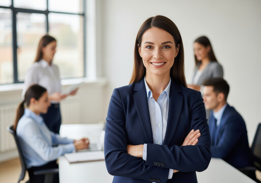 Confident businesswoman in formal attire smiling with arms crossed in modern office environment with diverse professional team