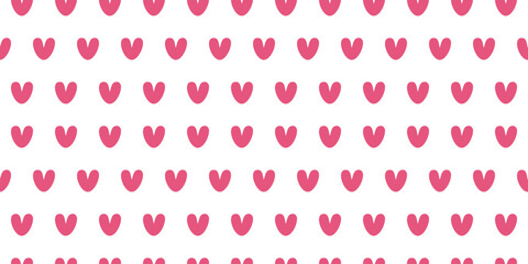 Minimalist, cheerful vector seamless pattern of simple, solid bright pink hearts arranged in repeating horizontal rows, perfect for fun Valentine's or children's designs.
