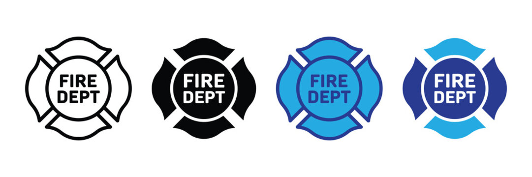 Fire department maltese cross shield vector icons set with text for emergency services, safety and protection design isolated on white background