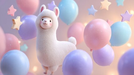 Cute white llama surrounded by pastel balloons and stars festive composition ideal for children birthday designs playful decorations and cheerful celebration visuals