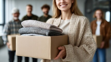 Woman holding donations box with sweaters and smiling at volunteers