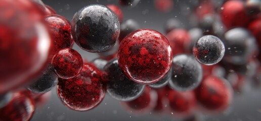 Abstract composition of red and black glossy spheres floating in space representing energy dynamics and molecular science background in 3d visualization