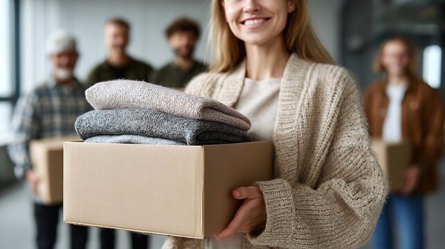 Woman holding donations box with sweaters and smiling at volunteers - Powered by Adobe