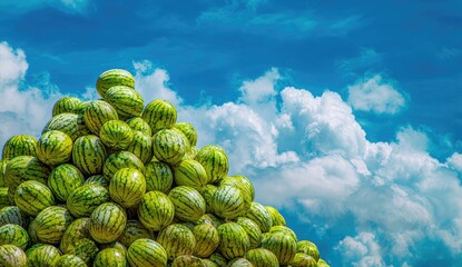 A large pyramid of watermelons stacks against a bright blue sky.