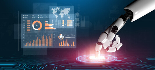 A futuristic robotic hand touches a digital interface, illustrating advanced technology in data analytics and global connectivity in modern environments. Scalp