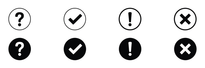 Essential interface icons set: question mark, checkmark, exclamation mark, cross, in outlined and filled round styles. isolated on white background