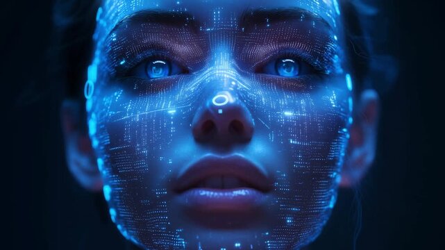 Glowing blue digital female face with data points on dark background. Concepts of artificial intelligence and virtual avatar