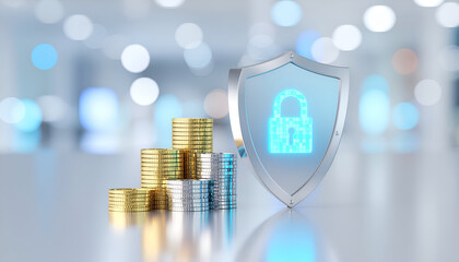 Gold coins and security shield showing safe savings, financial stability, and cybersecurity in banking.