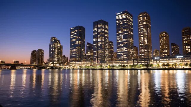 Modern skyscrapers with illuminated windows reflecting on the tranquil waters of the sumida river against a beautiful twilight sky in the bustling metropolis of tokyo, japan after sunset