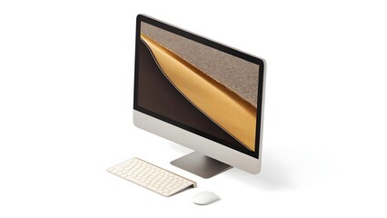 Modern all in one computer with smartphone and mouse on white background
