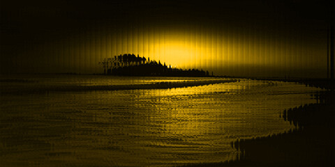 Abstract yellow landscape with island silhouette on horizon coast