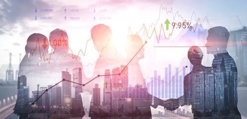 Business team collaborates against a backdrop of financial growth charts and a vibrant city skyline, highlighting success, partnership, and modern economic trends. Scalp