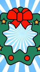 Cute colorful cartoon Christmas wreath with red bow, stars, and festive decorations on a bright background