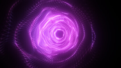 Purple digital tunnel with glowing mesh lines forming a hypnotic swirling center