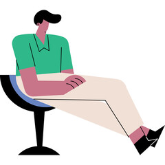 Man in Teal Green Polo Shirt and Cream Pants Sitting on Modern Black Chair with Blue Accent Viewed from Side Against White Background