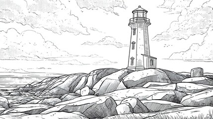 A detailed black and white illustration of a lighthouse on rocky coastline, with a serene sky and textured lines.