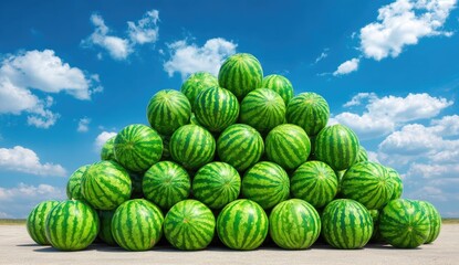 Pile of watermelons stacked high against a vibrant blue sky.