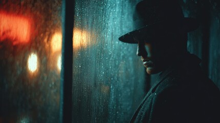 Naklejka premium Through rain covered glass a detective gazes into the night city where dim lights flicker against the moody darkness.