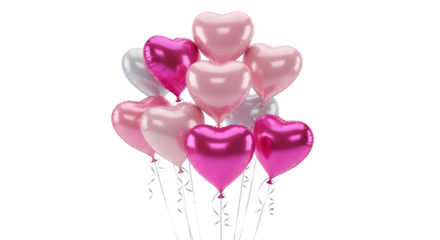 A cluster of pink and fuchsia heartshaped balloons floating