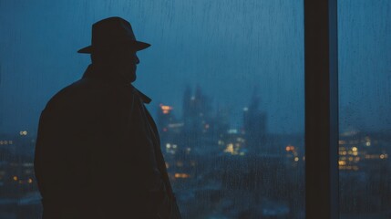 Through rain covered glass a detective gazes into the night city where dim lights flicker against the moody darkness.