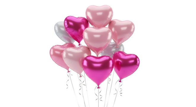 A cluster of pink and fuchsia heartshaped balloons floating