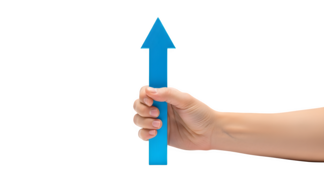 Hand holding a blue arrow pointing upwards