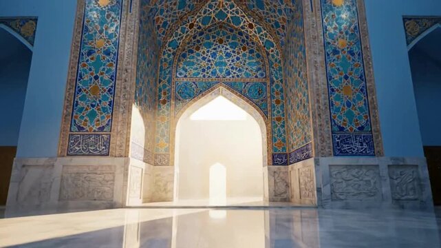 Interior view of a mosque with intricate tile work and bright light
