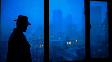 Through rain covered glass a detective gazes into the night city where dim lights flicker against the moody darkness.