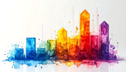 Abstract buildings rendered in watercolor paint, rainbow of colors. Soft background