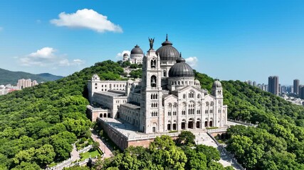 Aerial View of Sheshan Basilica Climbing a Green Hill, Shanghai