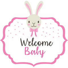 Cute Welcome Baby Announcement With Pink Bunny And Polka Dots On A White Transparent Background