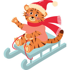 Cute Tiger Cub Wearing Santa Hat and Scarf Riding a Sled with Transparent Background