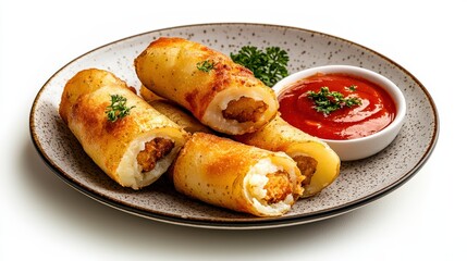 Delicious crispy fried cheese stuffed sp rolls served with a side of tangy tomato ketchup garnished with fresh parsley on an elegant plate perfect for appetizers and snacks