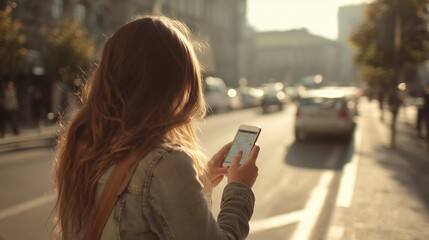 Woman navigating a city street while checking a smartphone map on a sunny afternoon