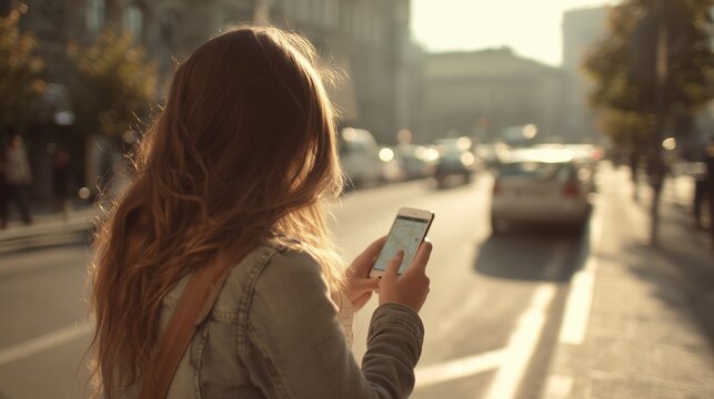 Woman navigating a city street while checking a smartphone map on a sunny afternoon