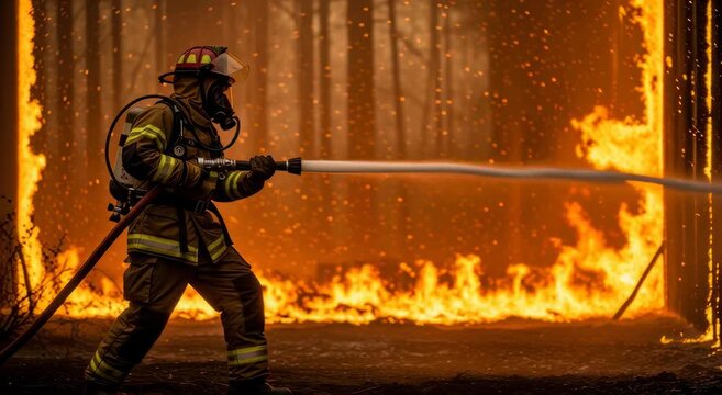 A brave firefighter battles a massive structure blaze spraying water through thick smoke and bright orange flames showing courage and emergency response
