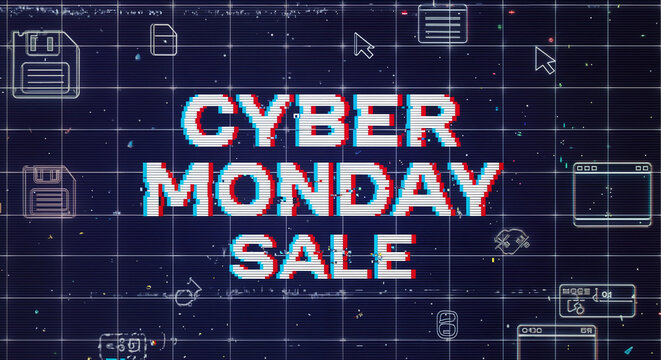 Cyber Monday Sale Banner with Digital Grid Background and Futuristic Typography for Online Shopping Offer