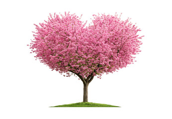 Blooming cherry blossom tree with full pink flowers on rounded canopy and green grass, isolated on a transparent background