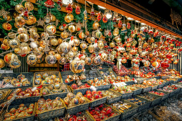 Golden Christmas baubles and ornaments at the Vienna Christmas market.