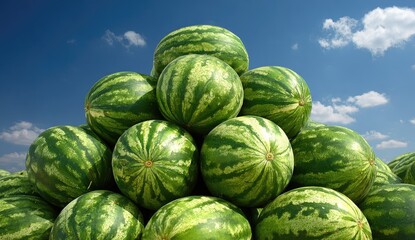 Fototapeta premium Ripe watermelons are piled high under a bright blue sky.