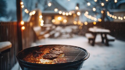 Barbecue grill with sizzling meat in snowy backyard illuminated by festive string lights